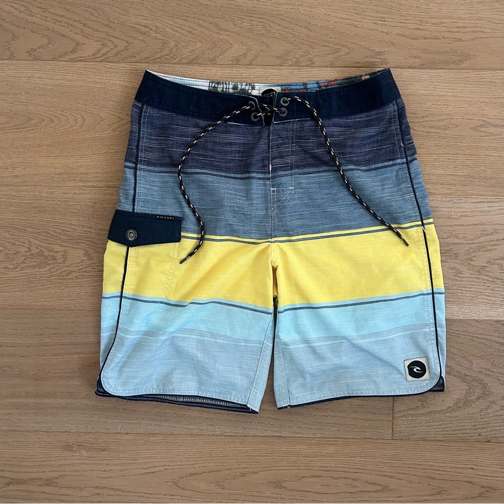 Rip Curl Blue and Yellow Striped Board Shorts